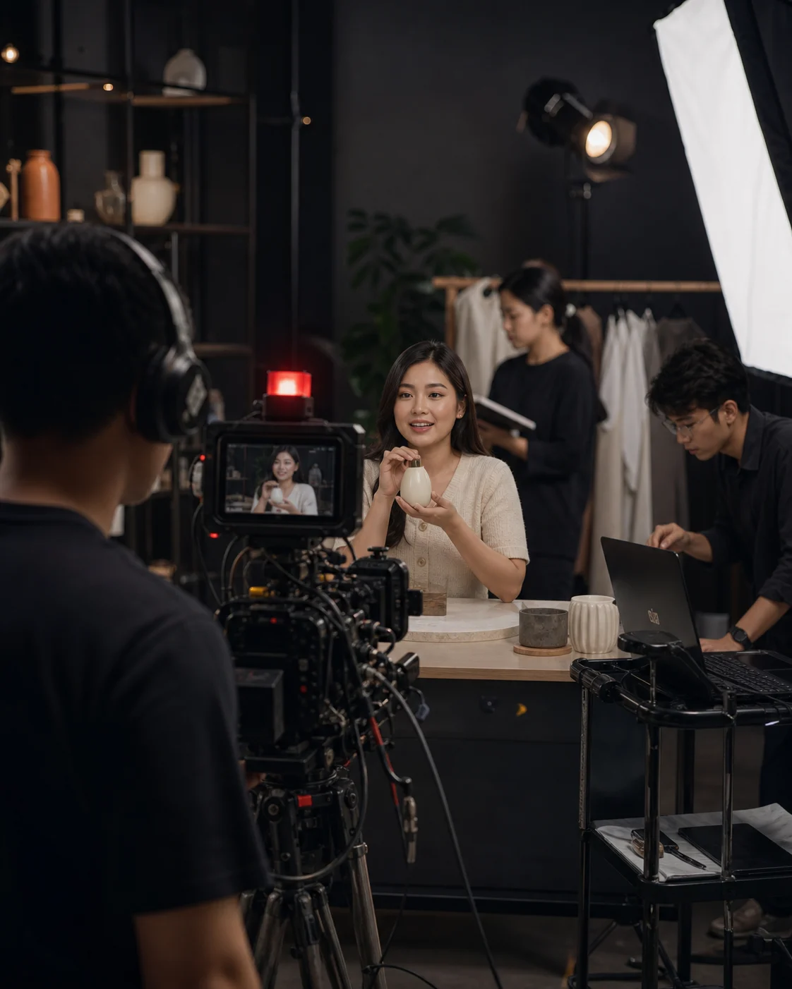 A live-commerce team coordinating a creator production in a studio